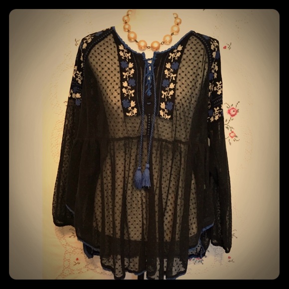 Free People Tops - Free People Sheer Black w/ blue flowers Tunic Top